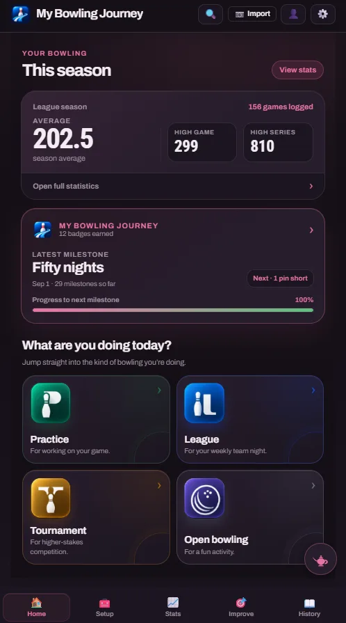 The home screen: season average, high game and series, and the latest milestone